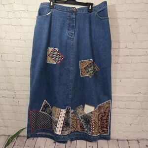 Vtg 90s Indigo Moon Denim Maxi Skirt Patchwork Patches Sz 1X Boho WhimsiGoth